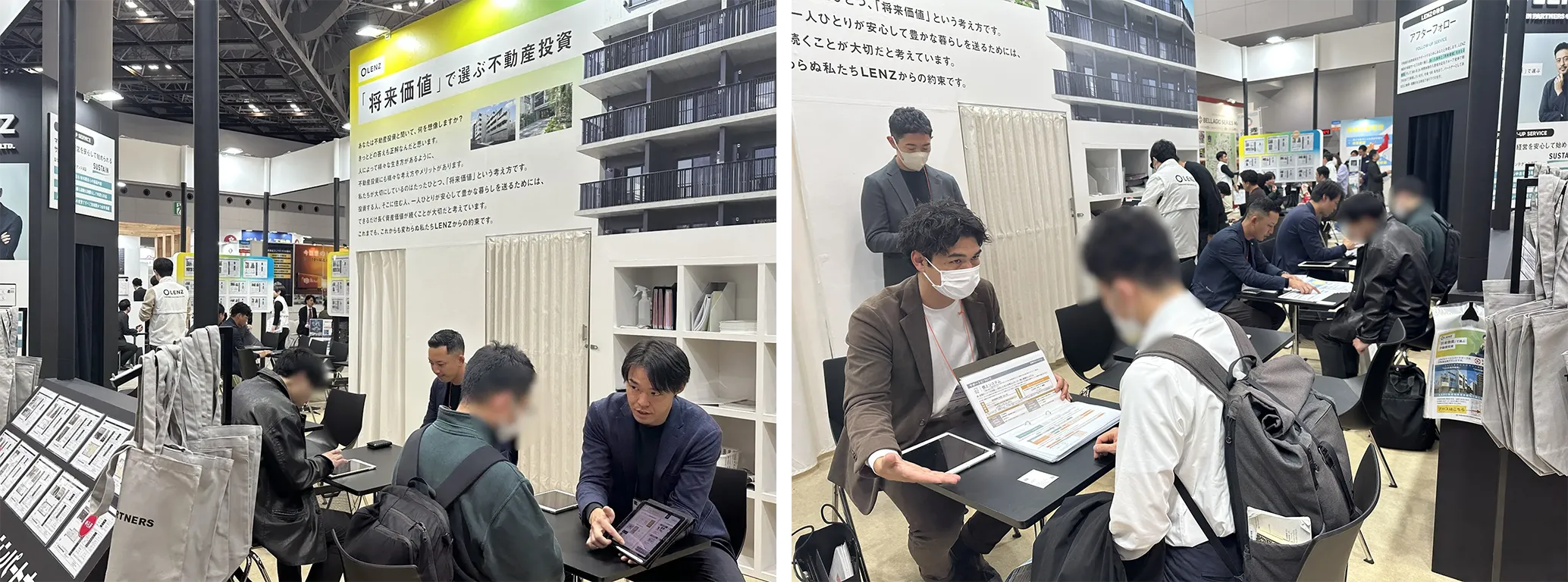 ブース内の様子（左側写真）個別相談中の様子（右側写真）