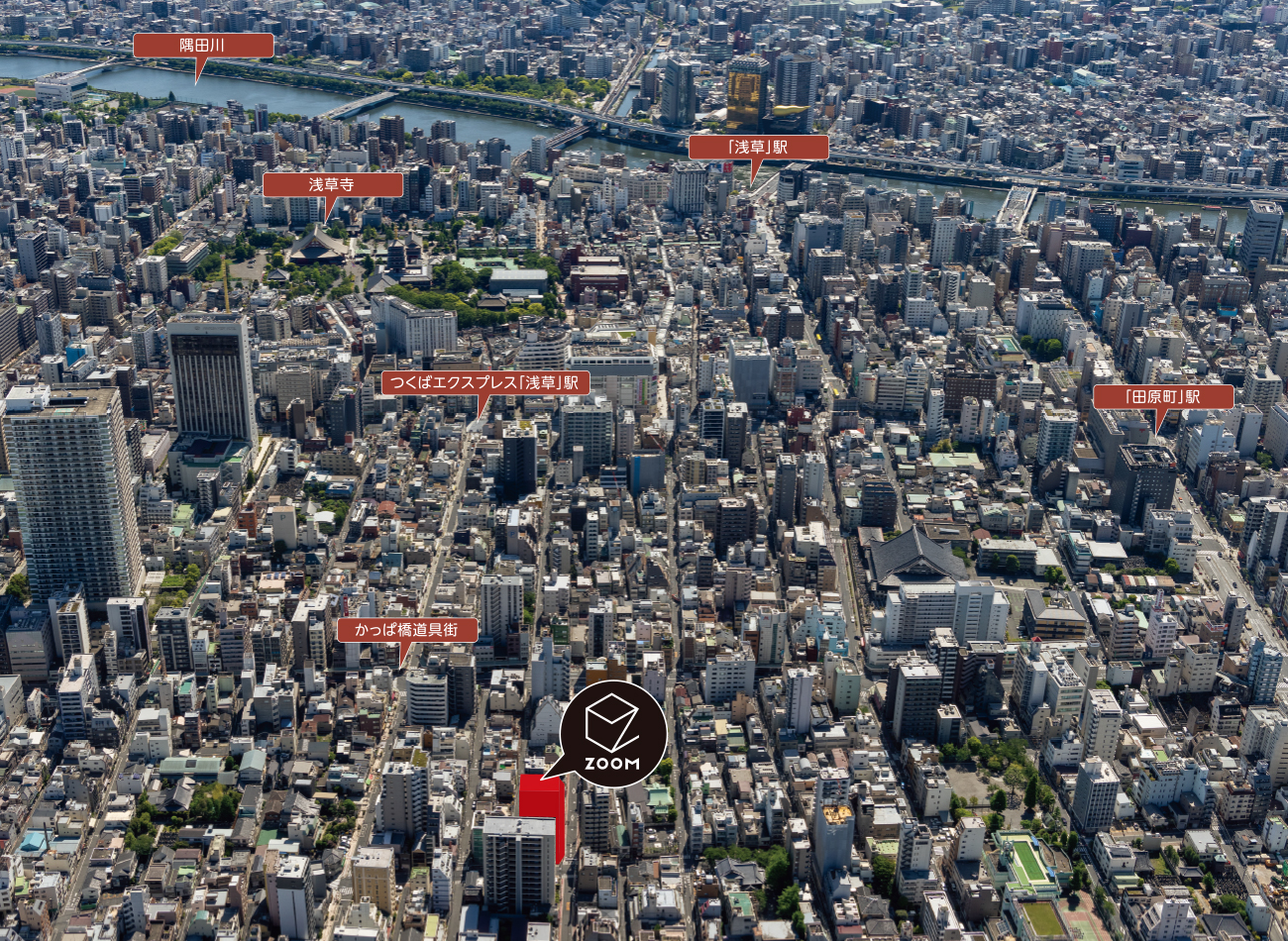 ※航空写真(2023年4月撮影)は一部CG加工を施したもので実際とは異なります。※分数・距離はすべて現地からのものです。徒歩での所要分数は80m=1分の概算です。※掲載の情報は2023年7月の調査内容です。