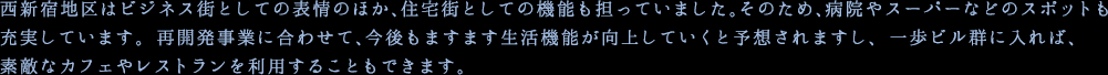 西新宿地区はビジネス街としての表情のほか、住宅街としての機能も担っていました。そのため、病院やスーパーなどのスポットも
充実しています。 再開発事業に合わせて、今後もますます生活機能が向上していくと予想されますし、 一歩ビル群に入れば、
素敵なカフェやレストランを利用することもできます。