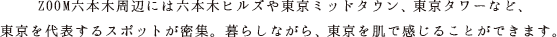 ZOOM六本木周辺には六本木ヒルズや東京ミッドタウン、東京タワーなど、東京を代表するスポットが密集。暮らしながら、東京を肌で感じることができます。