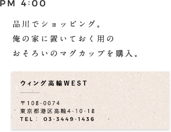 PM 4:00 品川でショッピング。俺の家に置いておく用のおそろいのマグカップを購入。